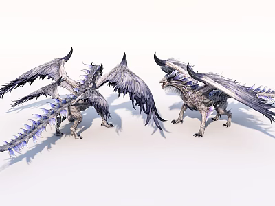 Game and Movie Character Two Dragon Creatures with Winged Bodies and Purple Accents 3d model