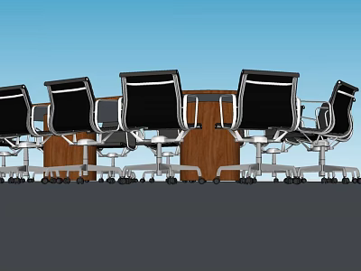 Wooden Conference Table Surrounded By Black Rolling Office Chairs With Metal Legs 3d model