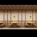 Modern Restaurant Interior Design With Wooden Tables Chairs Pendant Light And Indoor Plant