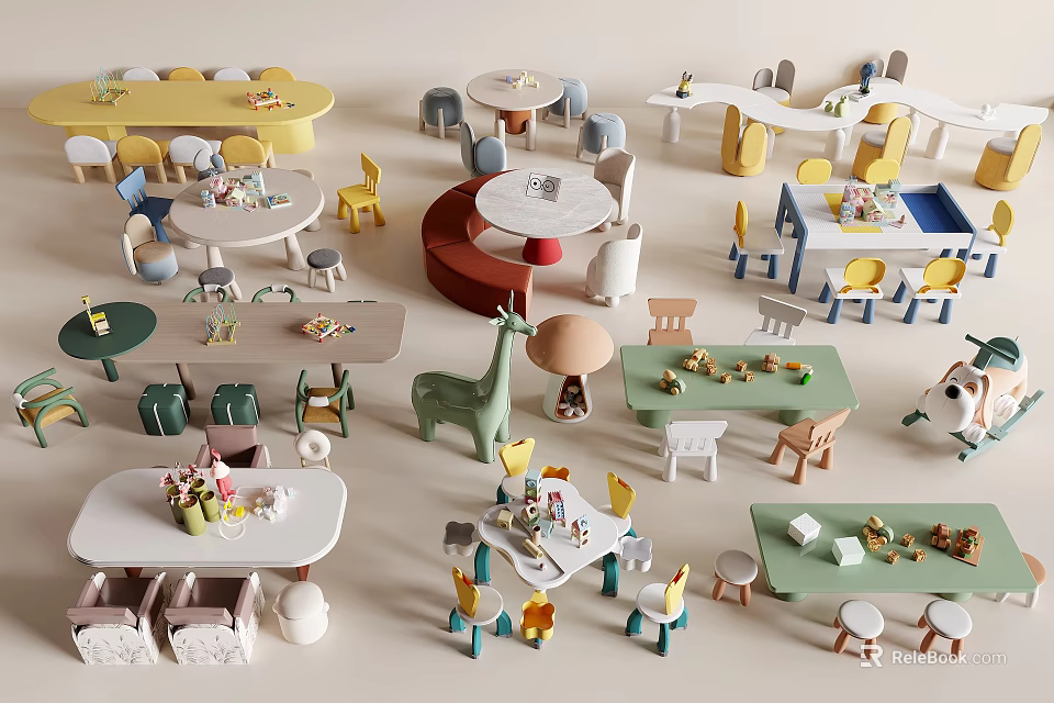 Fun Colorful Kids Tables With Various Shapes Matching Chairs And Toys 3d model 