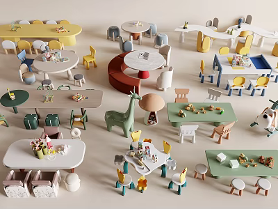 Fun Colorful Kids Tables With Various Shapes Matching Chairs And Toys 3d model