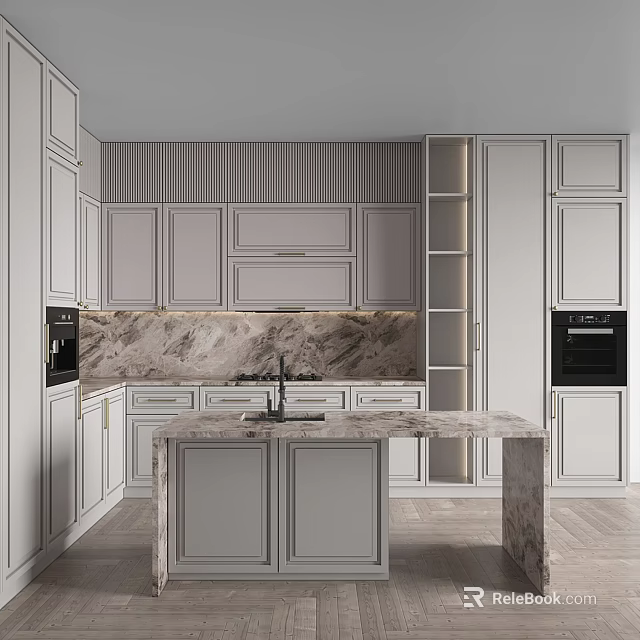 Modern White Kitchen Cabinets With Marble Countertop Island And Striped Backsplash 3d model 