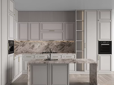 Modern White Kitchen Cabinets With Marble Countertop Island And Striped Backsplash 3d model