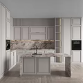 Modern White Kitchen Cabinets With Marble Countertop Island And Striped Backsplash