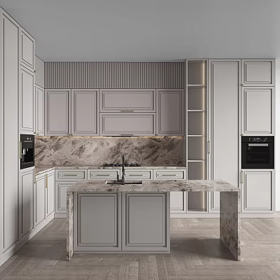 Modern White Kitchen Cabinets With Marble Countertop Island And Striped Backsplash 3d model