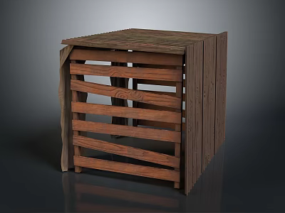 Wooden Cube Storage Box With Slatted Side Panels And Rustic Solid Wood Finish 3d model