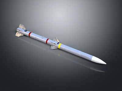 Silver Missile Weapon With Red And Yellow Stripes Tail Fins And Pointed Nose Cone 3d model