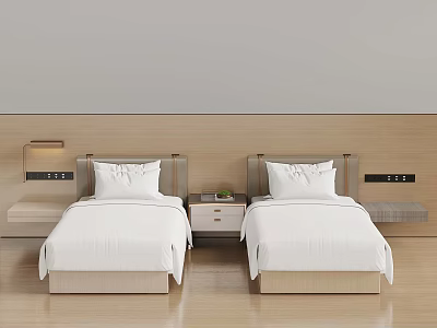 Modern Bedroom Interior With Twin Beds White Linens And Wooden Wall 3d model