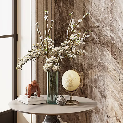Vase with White Flowers Globe Small Statue on Books Marble Wall Interior Decor 3d model