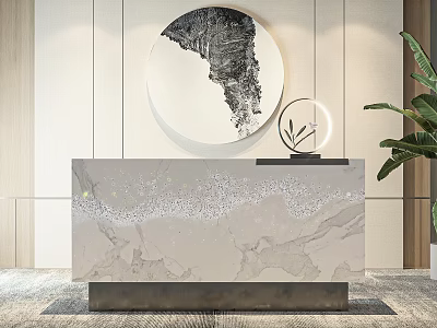 Modern Hotel Lobby With Marble Reception Desk Round Decorative Painting And Green Plant 3d model