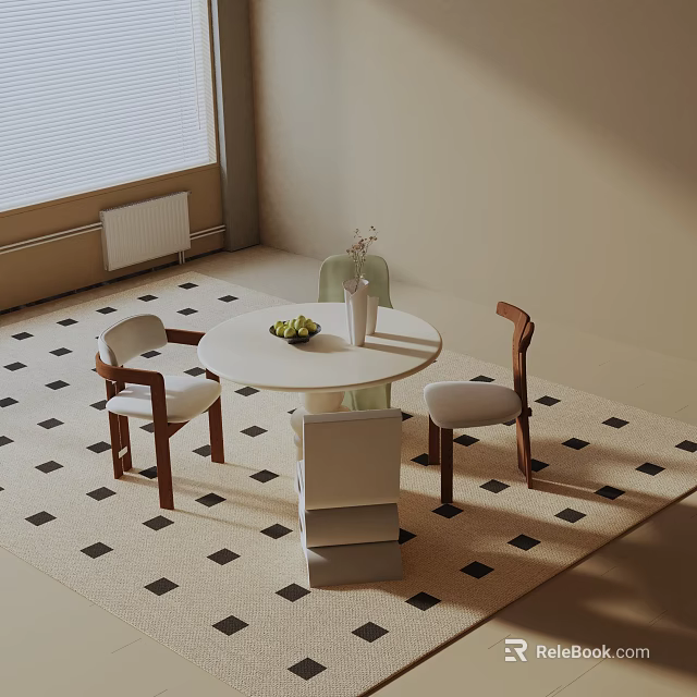Modern Round White Dining Table Set with Wooden Leg Chairs Checkered Rug and Fruit Vase 3d model 