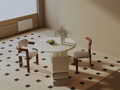 Modern Round White Dining Table Set with Wooden Leg Chairs Checkered Rug and Fruit Vase 3d model