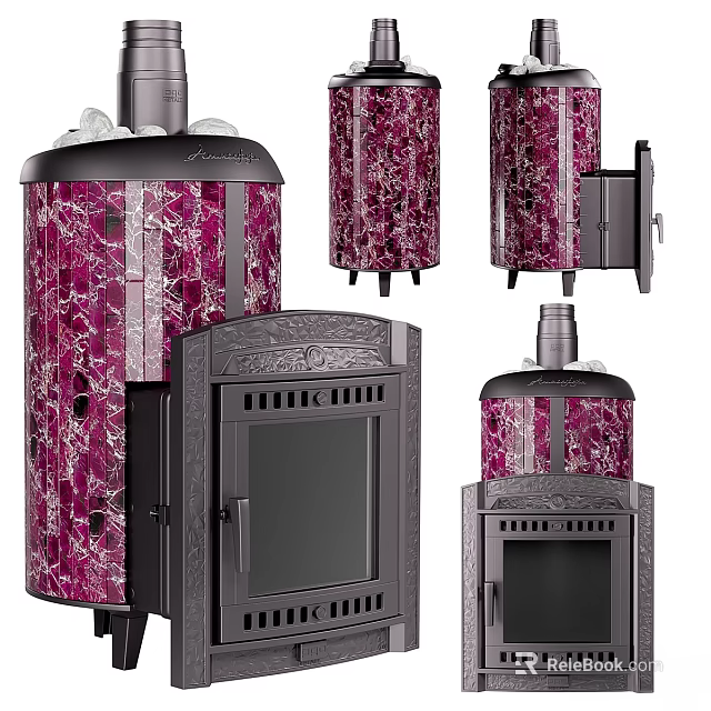 Contemporary Fireplace Design With Red Mosaic Tile Accents And Black Metal Structure For Home Interior 3d model 