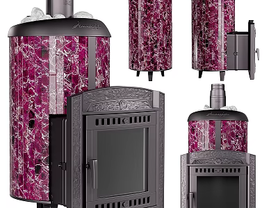 Contemporary Fireplace Design With Red Mosaic Tile Accents And Black Metal Structure For Home Interior 3d model
