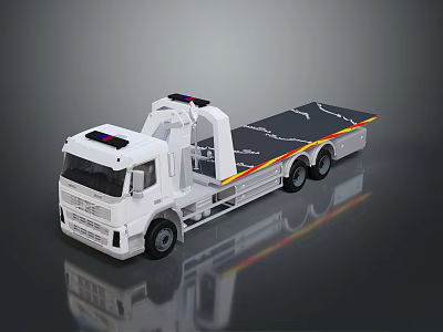 White Flatbed Tow Truck With Emergency Lights And Colored Stripes On Body 3d model