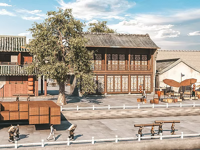 Scenic Ancient Chinese Street With Traditional Architecture Big Tree And Pedestrians Under Blue Sky 3d model