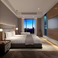 Modern Hotel Guest Room With King Bed Wooden Accents Large Windows City View And Wall Mounted TV