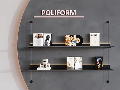 POLIFORM Books Magazines Display On Black Shelves Against Gray Wall 3d model