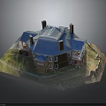 Red Brick Two Story Building With Blue Roof Multiple Chimneys And Grass Courtyard