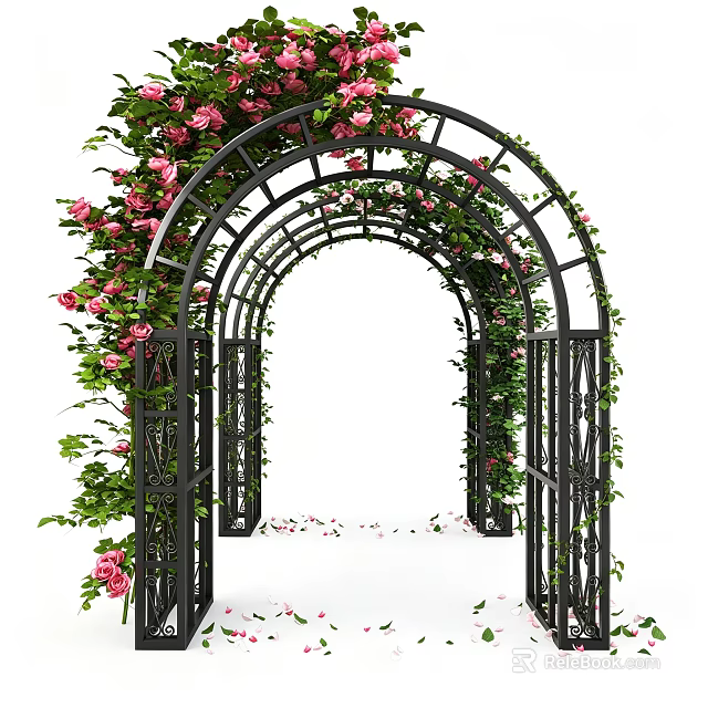 Black Arched Arbor with Climbing Vines and Pink Flowers Scattered Petals on Ground 3d model 
