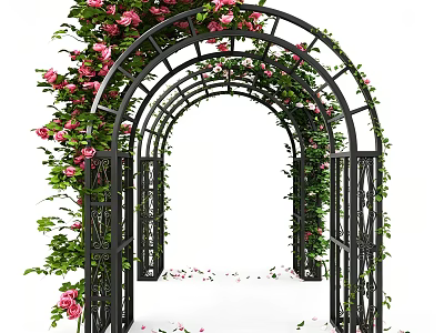 Black Arched Arbor with Climbing Vines and Pink Flowers Scattered Petals on Ground 3d model