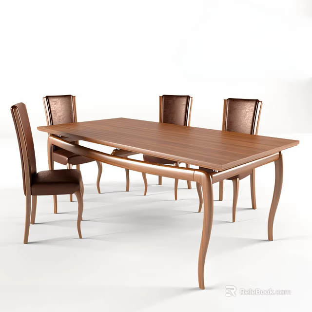Elegant Modern Wooden Dining Table And Leather Chairs With Curved Legs Design 3d model 