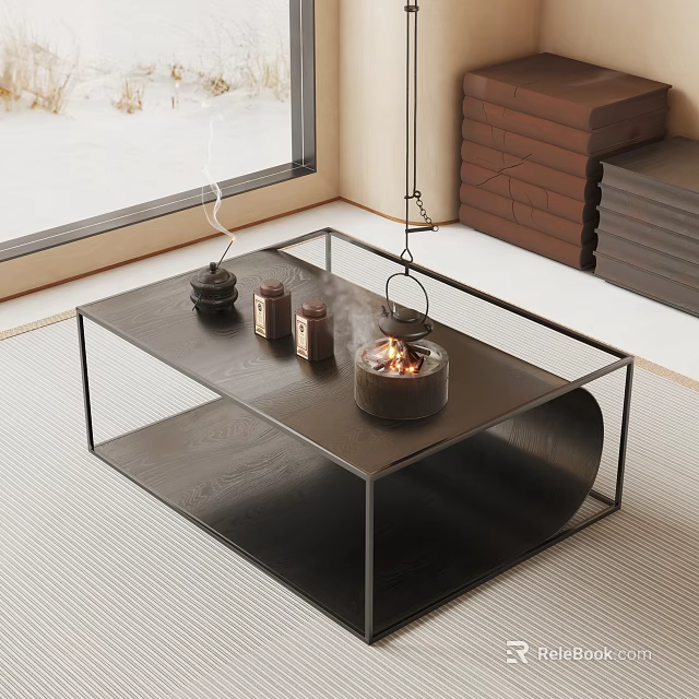Modern Black Coffee Table With Metal Frame Burning Brazier Small Jars And Snowy Window View 3d model