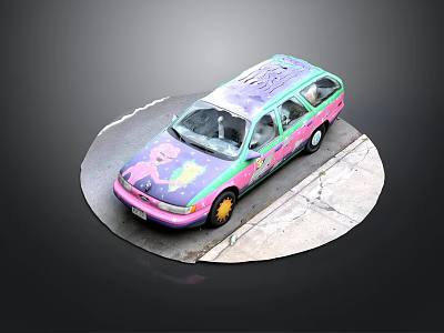 Colorful Graffiti Station Wagon With Pink Green Purple And Side Figure Design On Circular Pavement 3d model