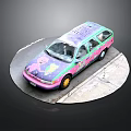 Colorful Graffiti Station Wagon With Pink Green Purple And Side Figure Design On Circular Pavement
