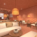 USA COFFE Cafe Exterior With Red Brick Structure Glass Door Windows And Interior Furniture Plants