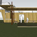 Wooden Pergola Featuring Shaded Roof And Benches On Green Lawn With Trees