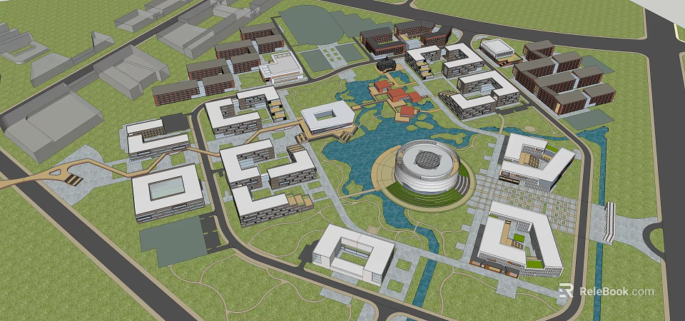 Campus Layout Plan With Modern Buildings Circular Central Building And Water Area 3d model 