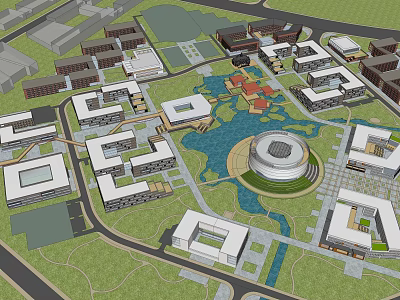 Campus Layout Plan With Modern Buildings Circular Central Building And Water Area 3d model