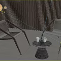 Stylish Modern Table and Chair Set with Round Table White Cups and Wooden Slat Wall