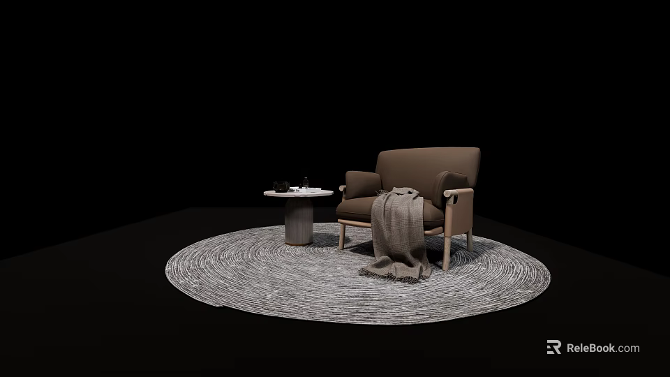Cozy Brown Single Sofa With Blanket On Round Woven Rug And Side Table 3d model