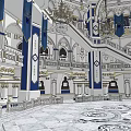 Religious Faith Interior With Grand Chandelier Two Story Design Blue Banners And Arched Windows