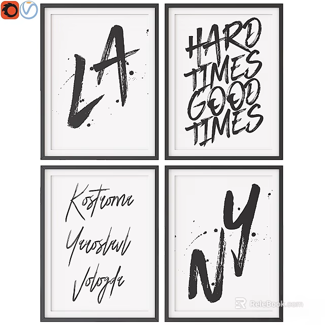 Four Black Handwritten Text Photo Frames with Ink Splatters on White Background 3d model 