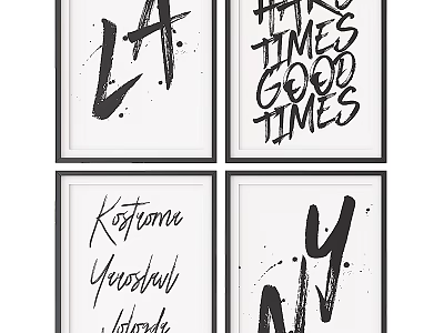 Four Black Handwritten Text Photo Frames with Ink Splatters on White Background 3d model