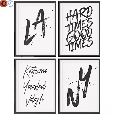 Four Black Handwritten Text Photo Frames with Ink Splatters on White Background 3d model