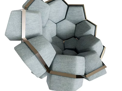 Gray Single Sofa With Hexagonal Modules And Metal Frame Strips Design 3d model