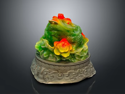 Green Frog Decorative Figurine With Red And Yellow Flowers On Carved Pattern Base 3d model