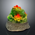 Green Frog Decorative Figurine With Red And Yellow Flowers On Carved Pattern Base