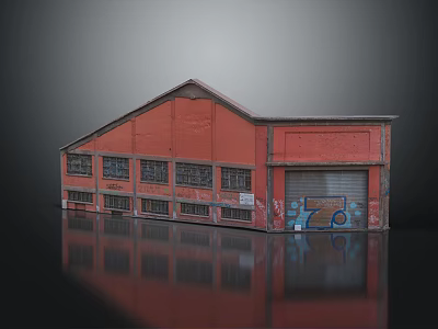 Red Weathered Warehouse Building With Roll up Door Graffiti and Reflections 3d model
