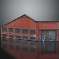 Red Weathered Warehouse Building With Roll up Door Graffiti and Reflections 3d model