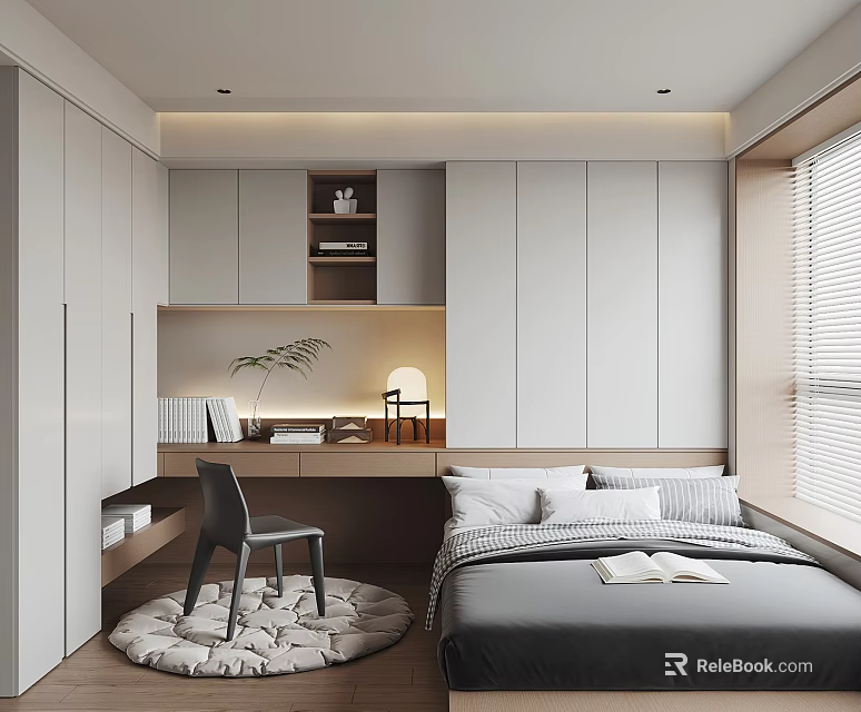 Modern Tatami Bedroom Interior With Built-in Wardrobes Study Desk Chair And Round Rug 3d model 