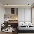 Modern Tatami Bedroom Interior With Built-in Wardrobes Study Desk Chair And Round Rug