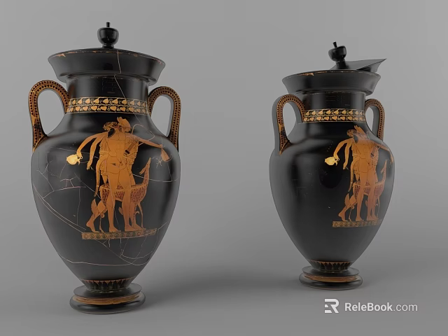 Traditional Black Ceramic Vases With Gold Ancient Greek Patterns Double Handles And Lids 3d model 