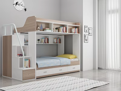 Modern upper and lower bed functional plate type children's bunk bed 3d model