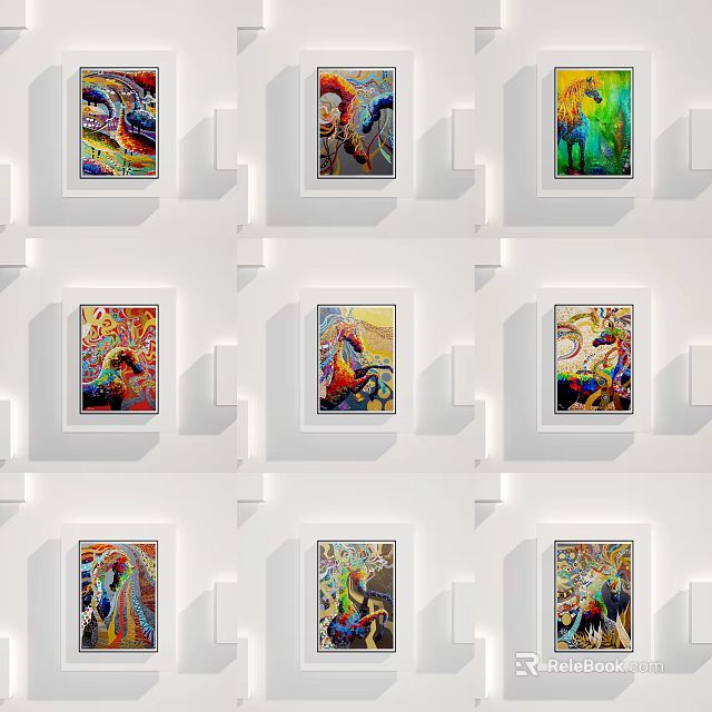 Colorful Abstract Paintings Framed on White Wall Arranged in Grid Pattern 3d model
