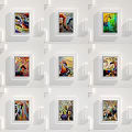 Colorful Abstract Paintings Framed on White Wall Arranged in Grid Pattern 3d model